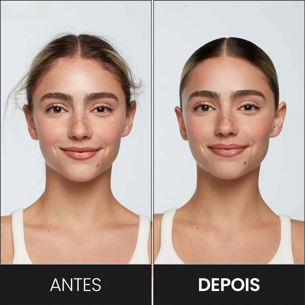Resultado da aplicação do WaxStick Bela Vital: o antes mostra cabelo com fios rebeldes e o depois exibe um penteado polido, sem frizz, evidenciando a eficácia do produto.
