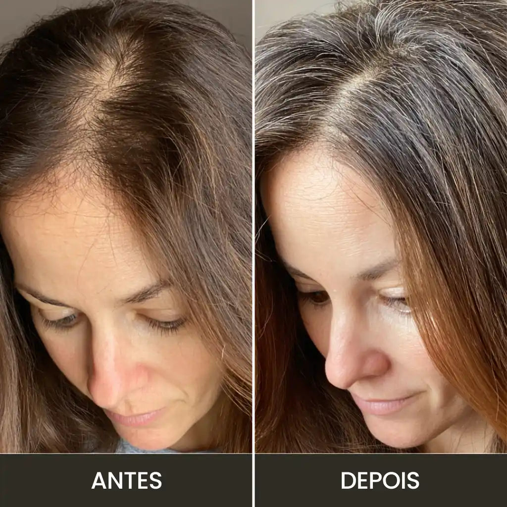 Imagem mostra os resultados do uso do Kit Derma Capilar que aumentou significativamente a quantidade de fios de cabelo após o tratamento