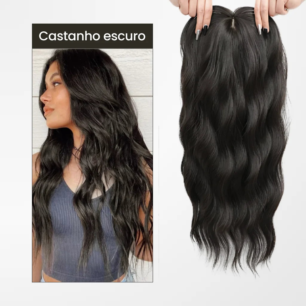 Topo de Cabelo na cor castanho escuro com finalização ondulada