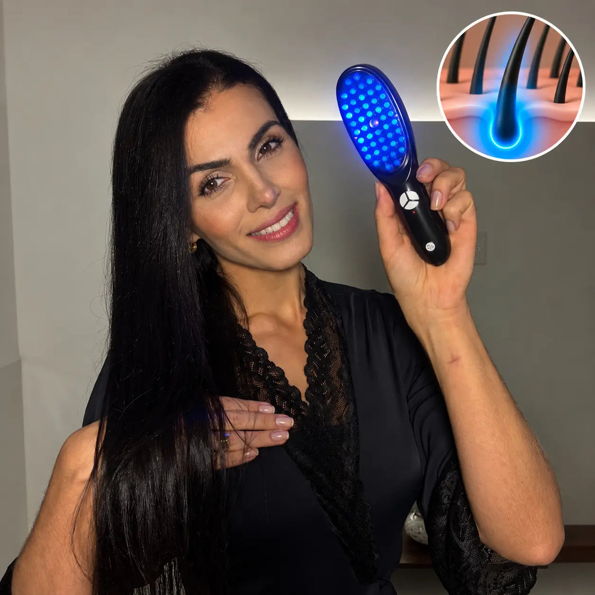 imagem escova thrabrush utilizando o led azul que cuida do couro capilar e reduz caspas
