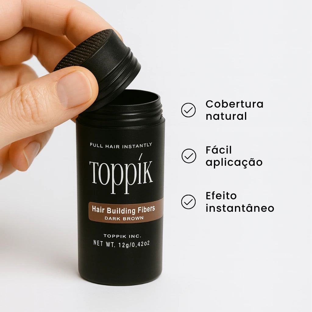 Os benefícios do toppik da loja bela vital são: cobertura natural, fácil aplicação, produto à prova d'água e atrito e efeito instantâneo de camuflagem