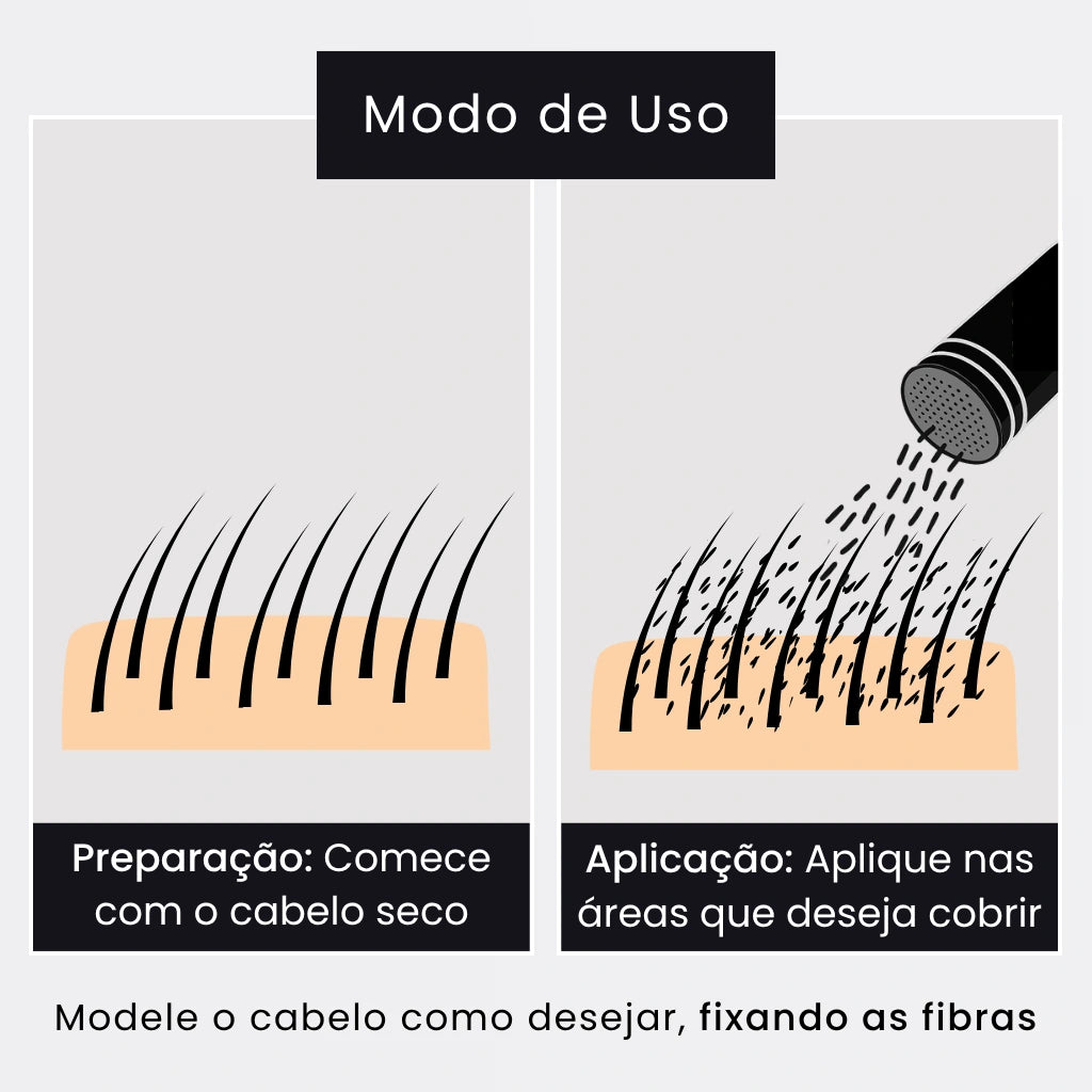 modo de uso do toppik: comece com o cabelo seco, em seguida, aplique nas áreas que deseja cobrir