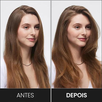 Fotos mostrando o "antes" e "depois" do cabelo após o uso da pomada em pó para aumentar o volume do cabelo