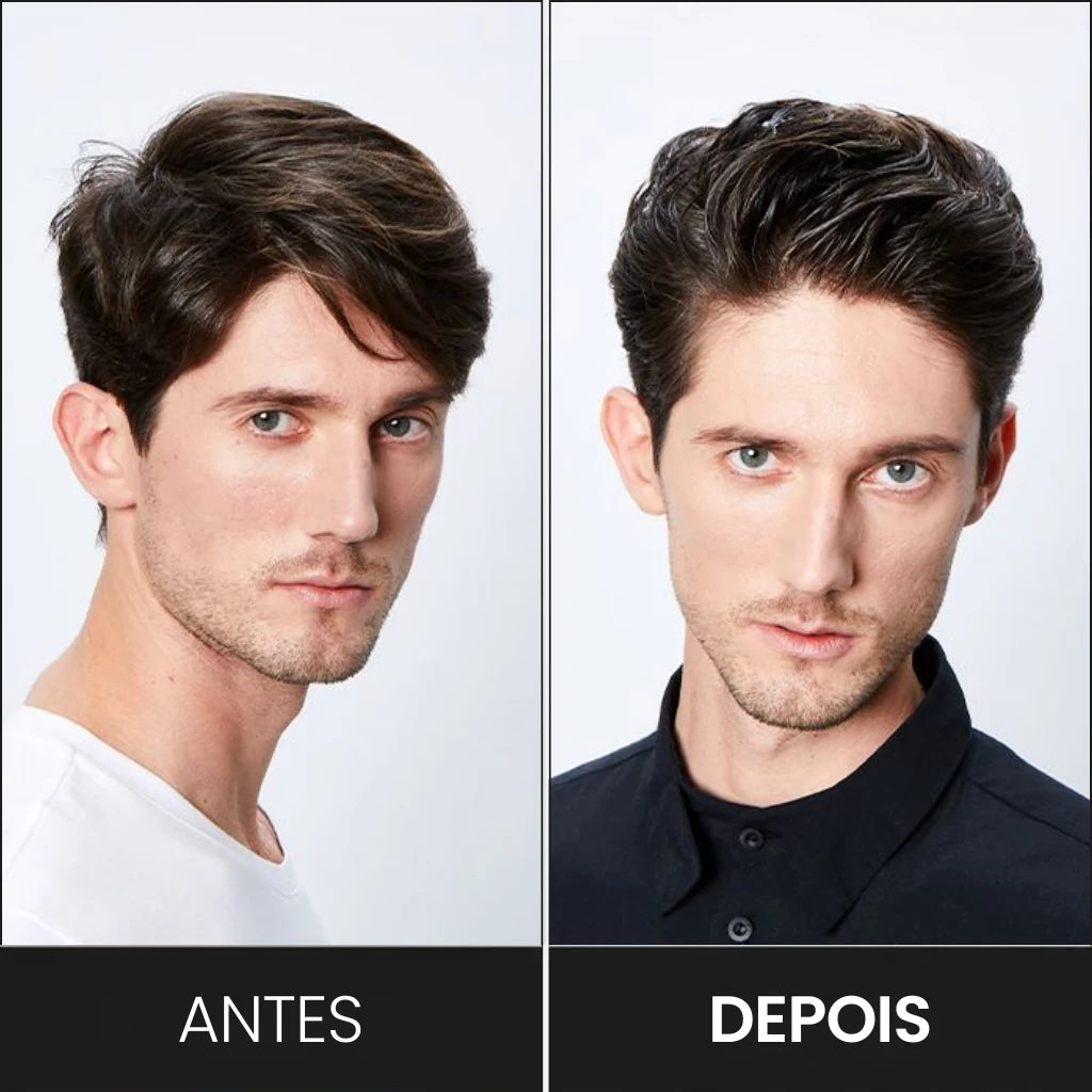 foto de "antes e depois" mostrando cliente que usou a pomada em pó para modelar os cabelos e dar mais volume