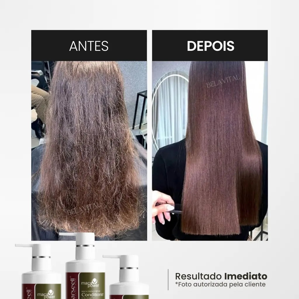 Foto mostrando o "antes e depois" do uso do condicionador karseell em um cabelo danificado e seco