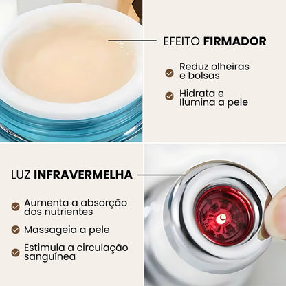 Creme com efeito firmador, reduz olheiras e bolsas, hidrata e ilumina a pele, junto com a luz infravermelha que aumenta a absorção dos nutrientes, massageando a pele e estimulando a circulação.