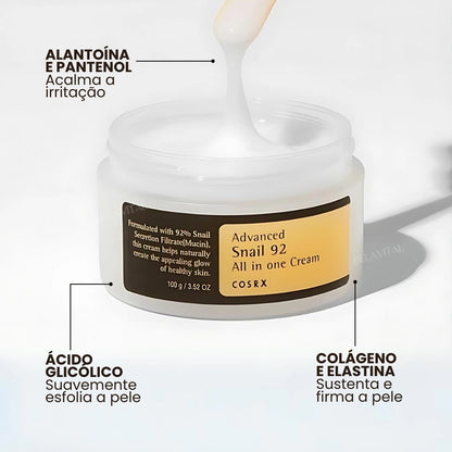 O Creme de Mucina de caracol possui em sua formula: ácido glicólico, colágeno, elastina, alantoína e pantenol