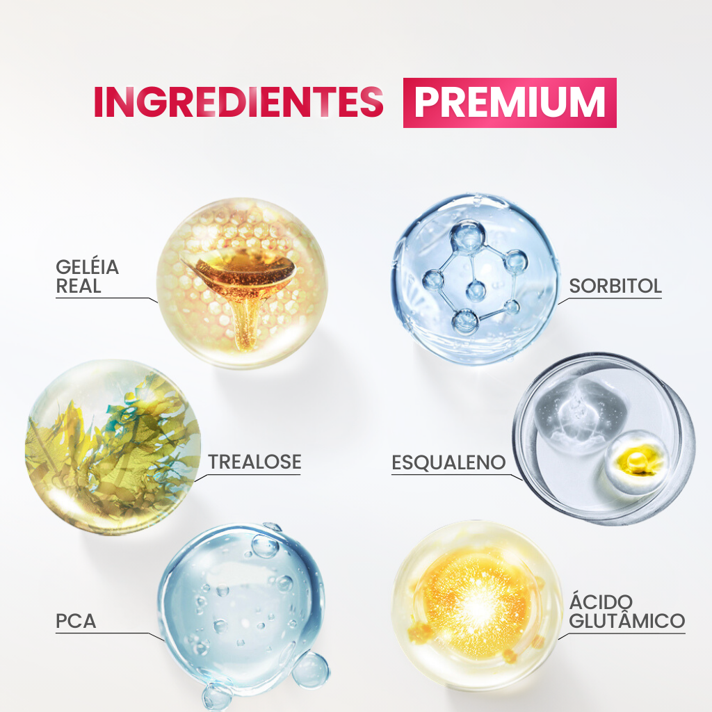 Essa Máscara Capilar Japonesa conta com Ingredientes Premium que aprimoram os resultados: Contém Geléia Real, Trealose, PCA, Sorbitol, Esqualeno e Ácido Glutâmico.