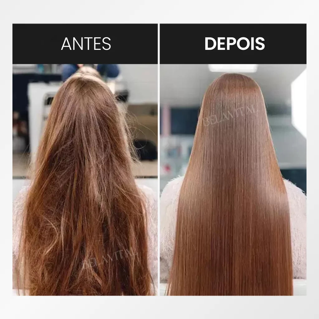 Resultado incrível de um tratamento de cabelo com frizz utilizando o kit específico Anti Frizz da Bela Vital