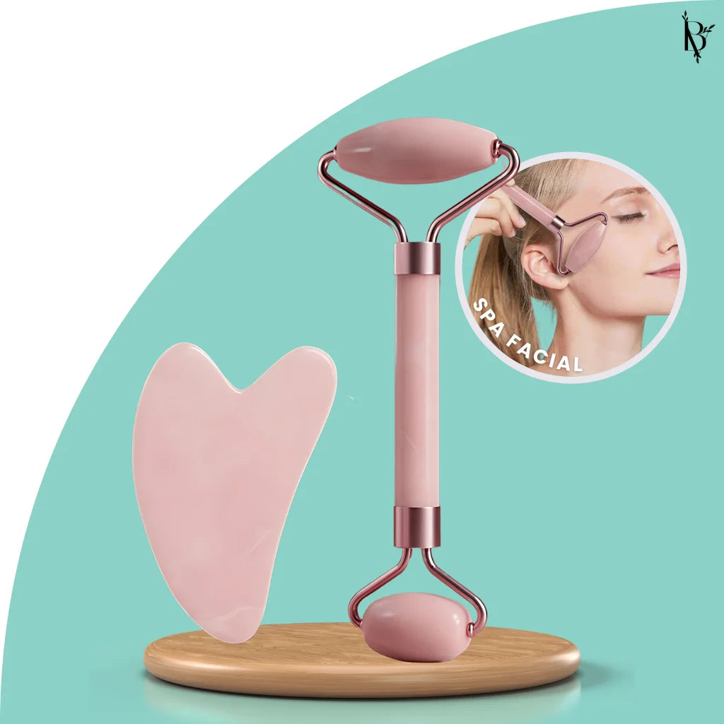 Kit Massageador Facial: Gua Sha e Roller de Quartzo