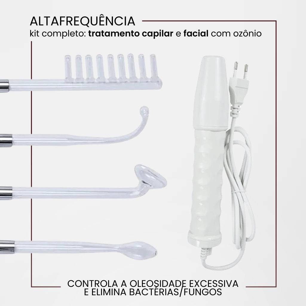 A altafrequência é um tratamento profissional que atua no couro cabeludo e na pele, liberando ozônio e eliminando bactérias e fungos, resultando no controle da oleosidade e da inflamação.