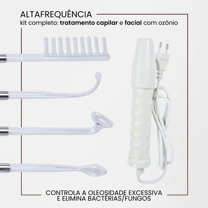A altafrequência é um tratamento profissional que atua no couro cabeludo e na pele, liberando ozônio e eliminando bactérias e fungos, resultando no controle da oleosidade e da inflamação.