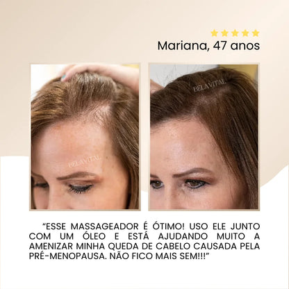 Mariana, 47 anos, sobre o Massageador e Aplicador com Luz Vermelha: "Esse massageador é ótimo! Uso ele junto com um óleo e está ajudando muito a amenizar minha queda de cabelo causada pela pré-menopausa. Não fico mais sem!!!"