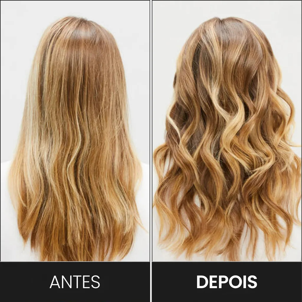 Foto mostrando o "antes" e o "depois" do modelador de cachos automático.