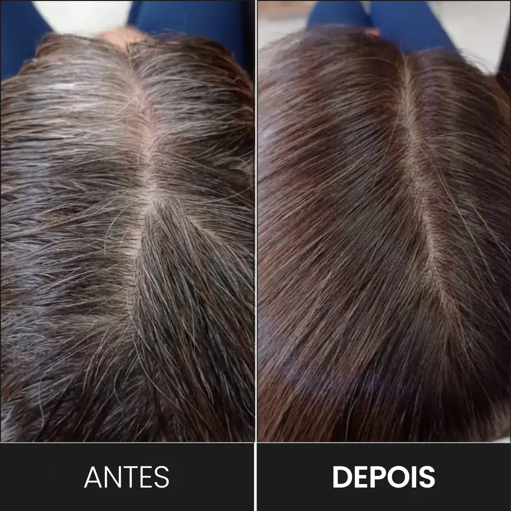 Foto mostra como o rímel para Cabelo Branco esconde instantâneamente os fios brancos