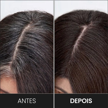Imagem mostra o "antes e depois" do uso do Rímel para Cabelo Branco para esconder os fios grisalhos