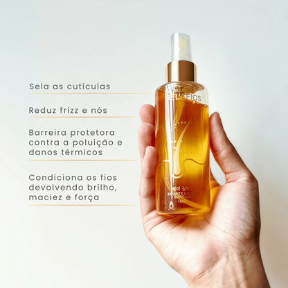 Spray selante que reduz frizz, protege os fios e condiciona