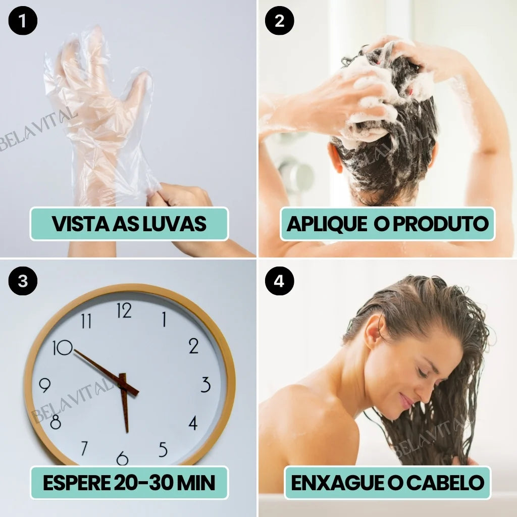 Vista as luvas, aplique o produto, espere, e enxague o cabelo.