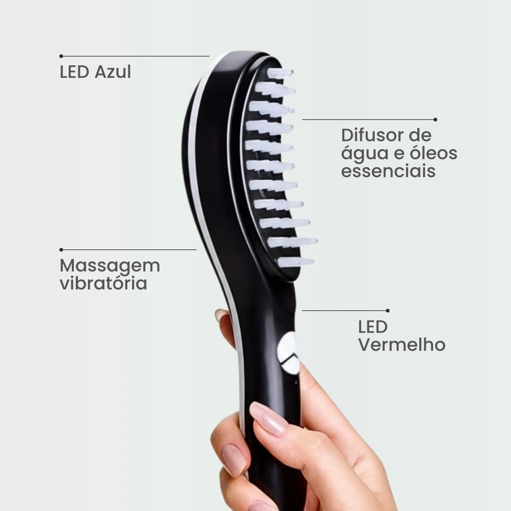 A Escova Therabrush possui terapia de luz vermelha, terapia de luz azul, massagem vibratória e um difusor de óleos essenciais. Terapia completa para deixa os cabelos mais fortes e volumosos