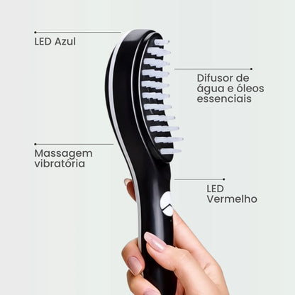 A Escova Therabrush possui terapia de luz vermelha, terapia de luz azul, massagem vibratória e um difusor de óleos essenciais. Terapia completa para deixa os cabelos mais fortes e volumosos