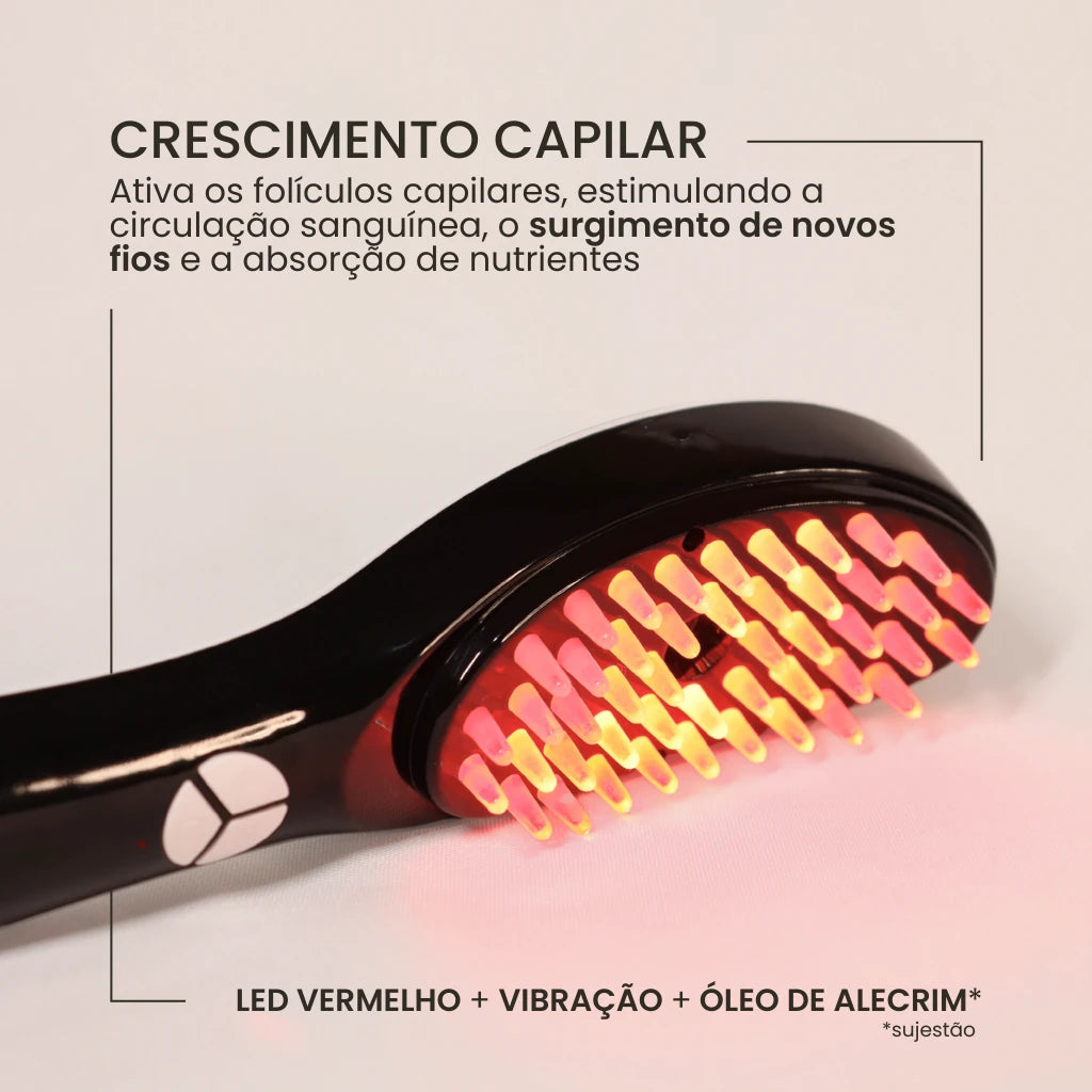 A escova therabrush com os modos de LED vermelho associado à massagem vibratória, estimula o crescimento capilar. Para potencializar recomenda-se o óleo de alecrim