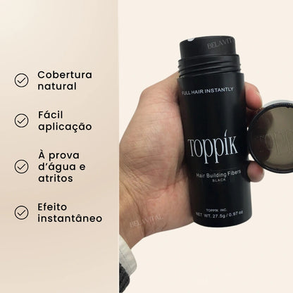 Os benefícios do toppik da loja bela vital são: cobertura natural, fácil aplicação, produto à prova d'água e atrito e efeito instantâneo de camuflagem