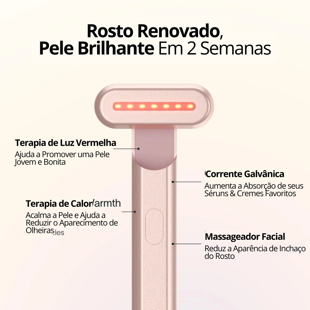 De acordo com as pesquisas, os resultados são aparentes em 2 semanas de uso. Nossa Varinha de SkinCare utiliza a Terapia de Luz Vermelha, Terapia de Calor, Corrente Galvânica, Massageador Facial tudo para uma pele 100% renovada.