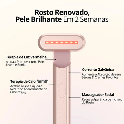 De acordo com as pesquisas, os resultados são aparentes em 2 semanas de uso. Nossa Varinha de SkinCare utiliza a Terapia de Luz Vermelha, Terapia de Calor, Corrente Galvânica, Massageador Facial tudo para uma pele 100% renovada.