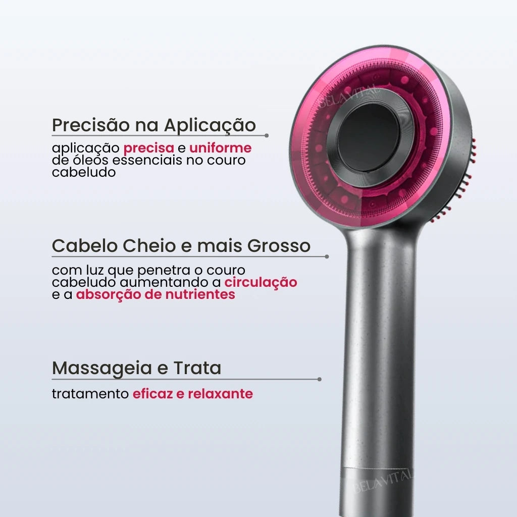 Com alta precisão, a escova Breo Brush faz uma aplicação precisa e uniforme de óleos essenciais no couro cabeludo. Reultando em um cabelo mais cheio e grosso. Além disso, massageia e trata o couro cabeludo