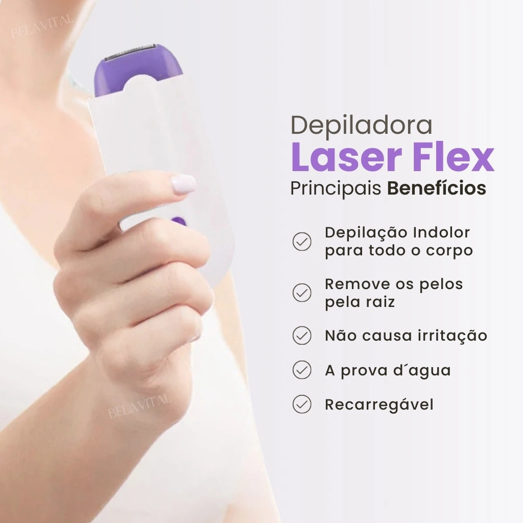 A Depiladora a Laser Flex é indolor. Indicada para o corpo todo, remove os pelos pela raiz, não causa irritação, é à prova d'agua e também recarregável