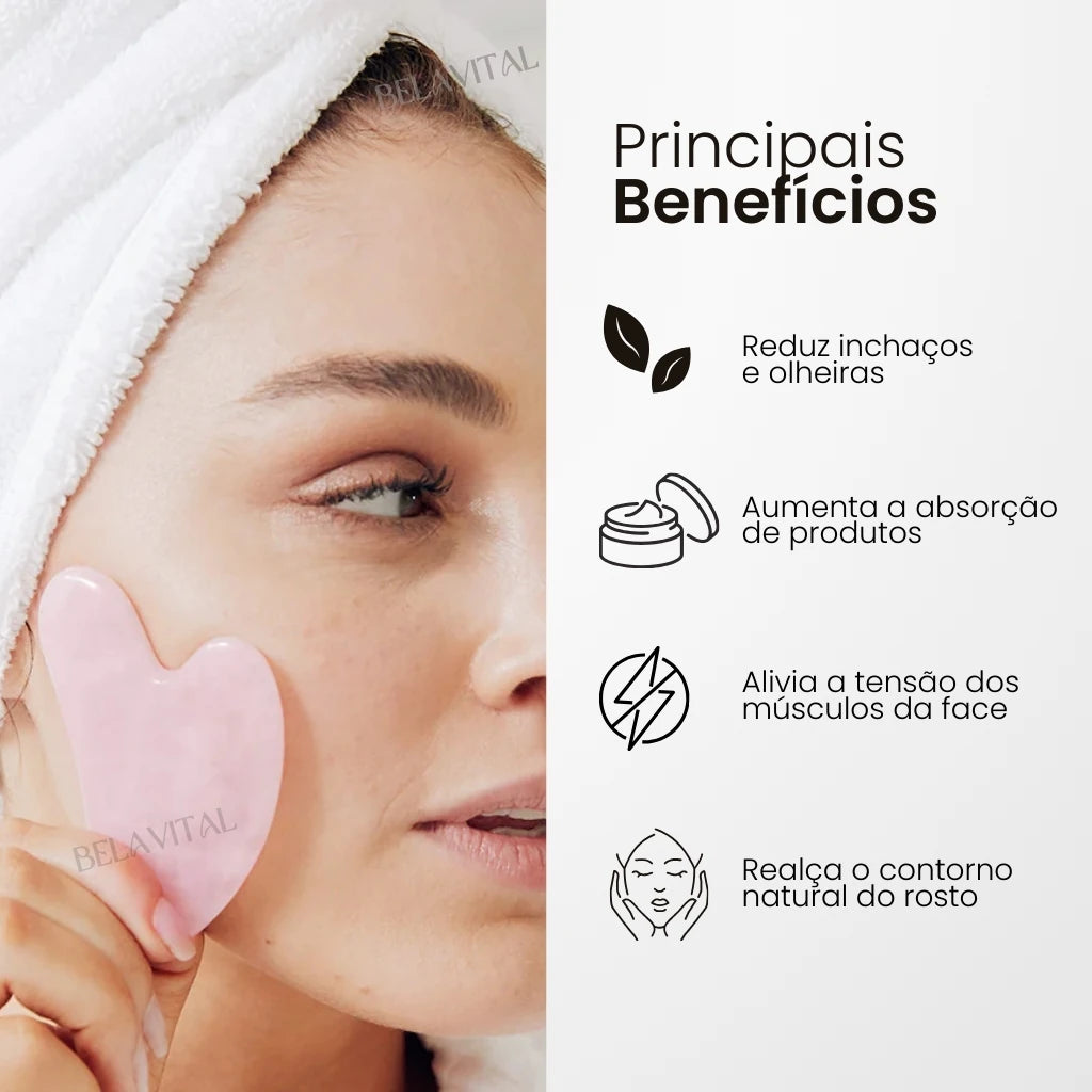 O guasha e/ou rolo de quartzo servem para reduzio o inchaço, aumentar a absorção de produtos, aliviar a tensão dos músculos da face, além de realçar o contorno natural do rosto