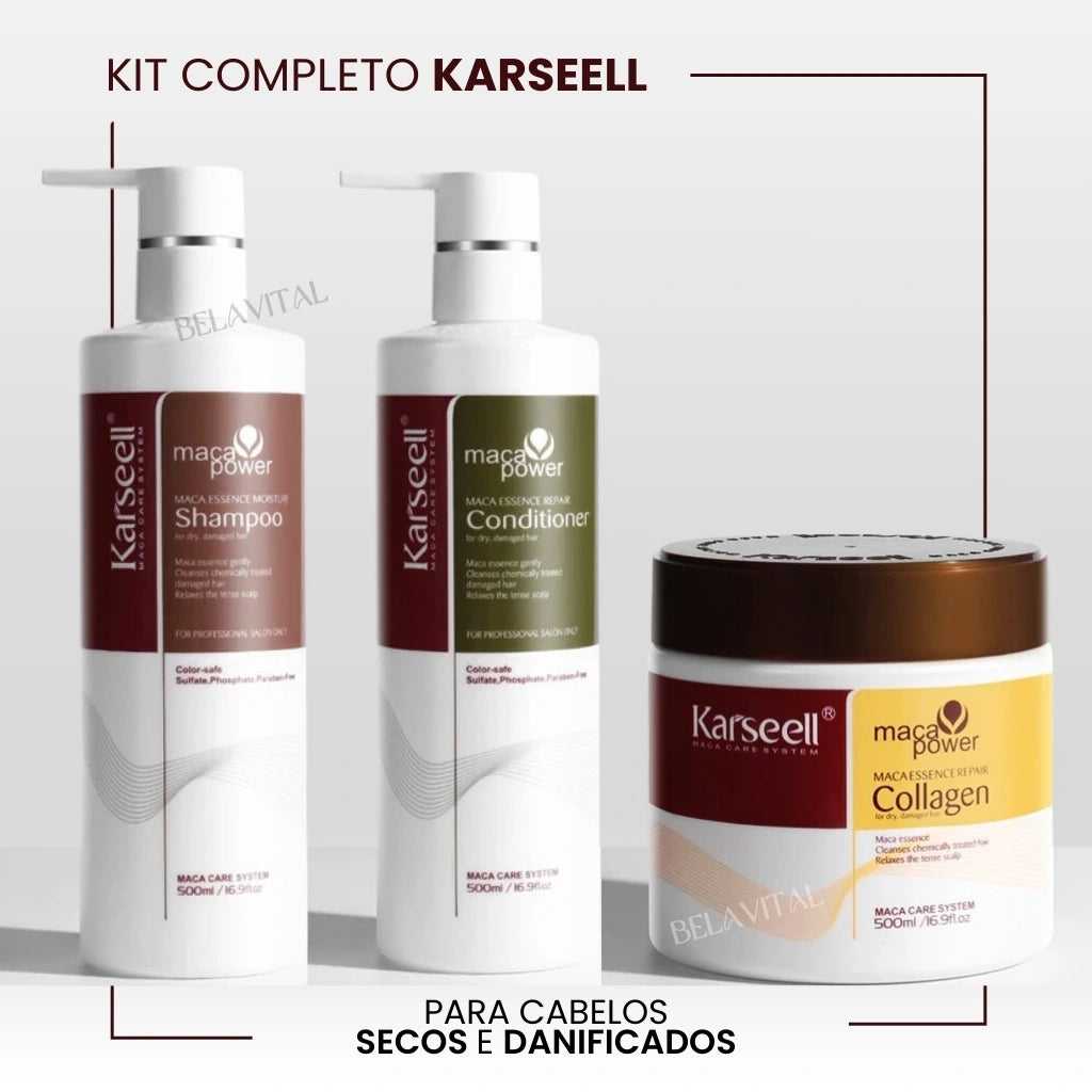 Cabelos secos e danificados precisam ser tratados com o kit completo karseell da bela vital