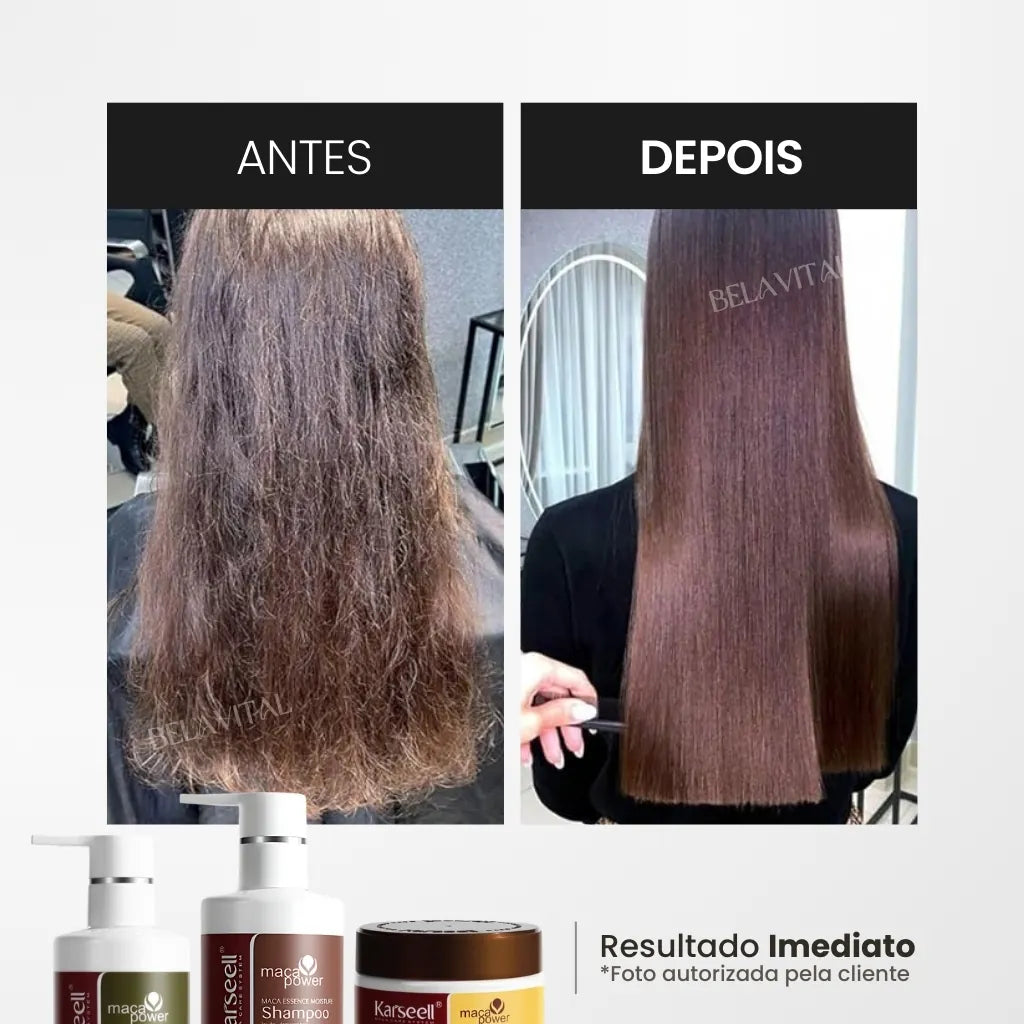 Antes e depois de uma cliente após utilizar a linha completa do Kit Karseell