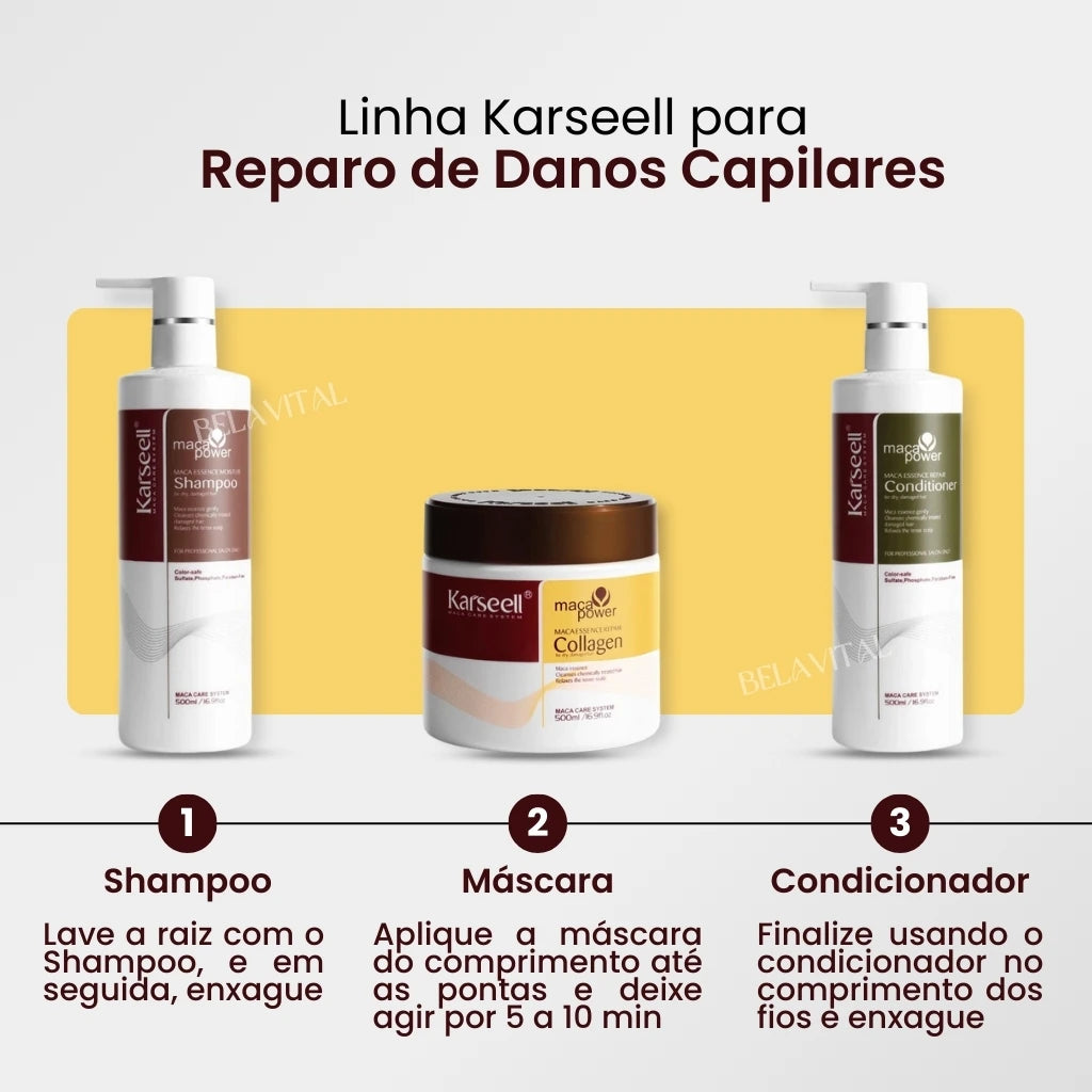 A linha Karseell é indicada para reparar os danos capilares e possui 3 etapas de tratamento