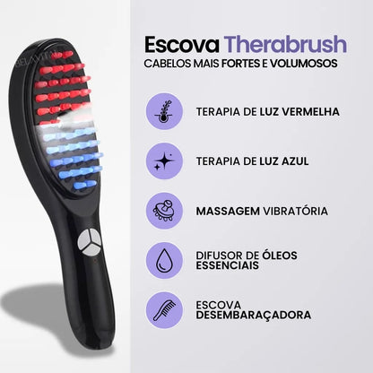 A Escova Therabrush possui terapia de luz vermelha, terapia de luz azul, massagem vibratória e um difusor de óleos essenciais. Terapia completa para deixa os cabelos mais fortes e volumosos