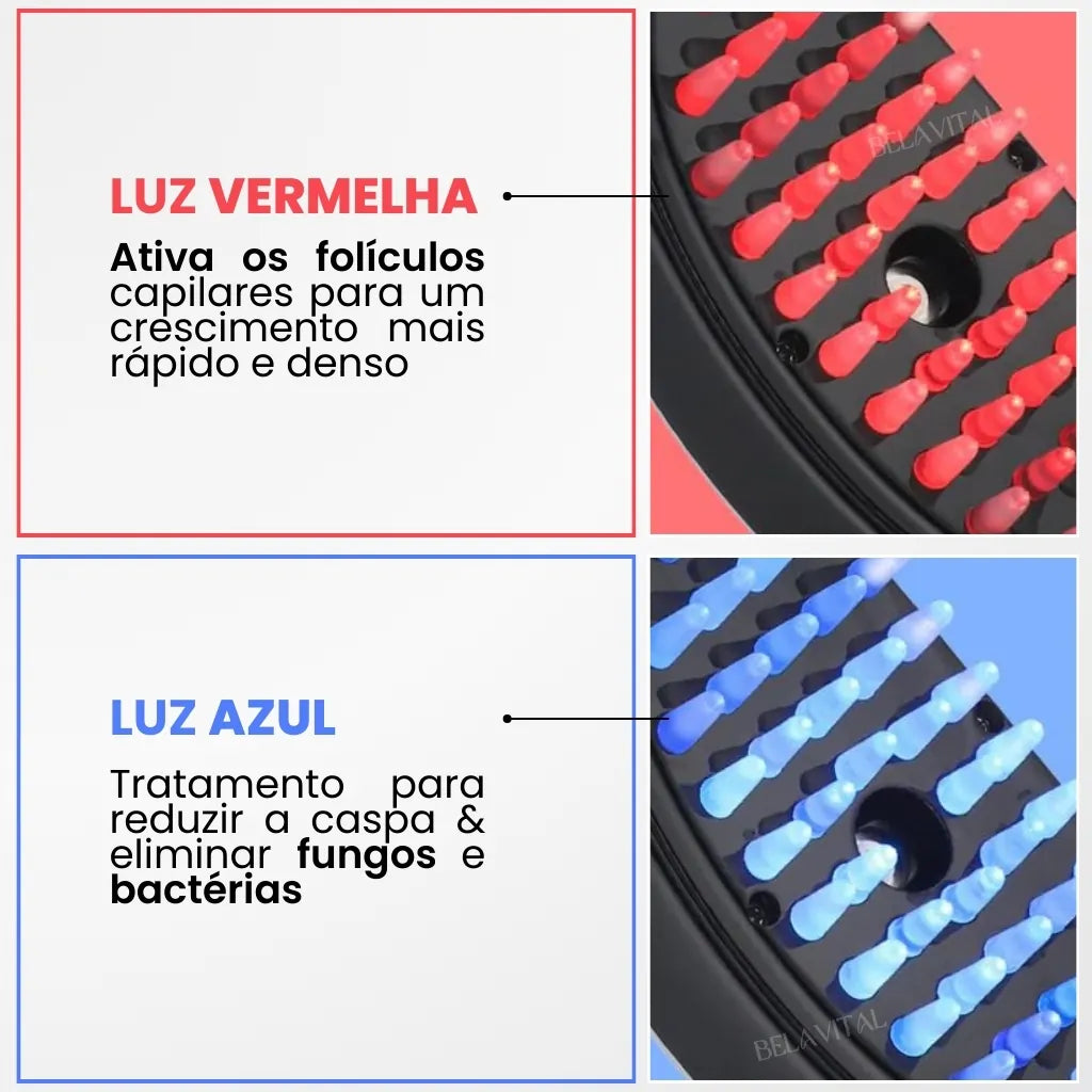 A luz vermelha ativa os folículos capilares auxiliando no crescimento capilar, já a luz azul, trata o couro cabeludo, reduzindo a caspa, eliminando bactérias e fungos