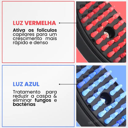 A luz vermelha ativa os folículos capilares auxiliando no crescimento capilar, já a luz azul, trata o couro cabeludo, reduzindo a caspa, eliminando bactérias e fungos