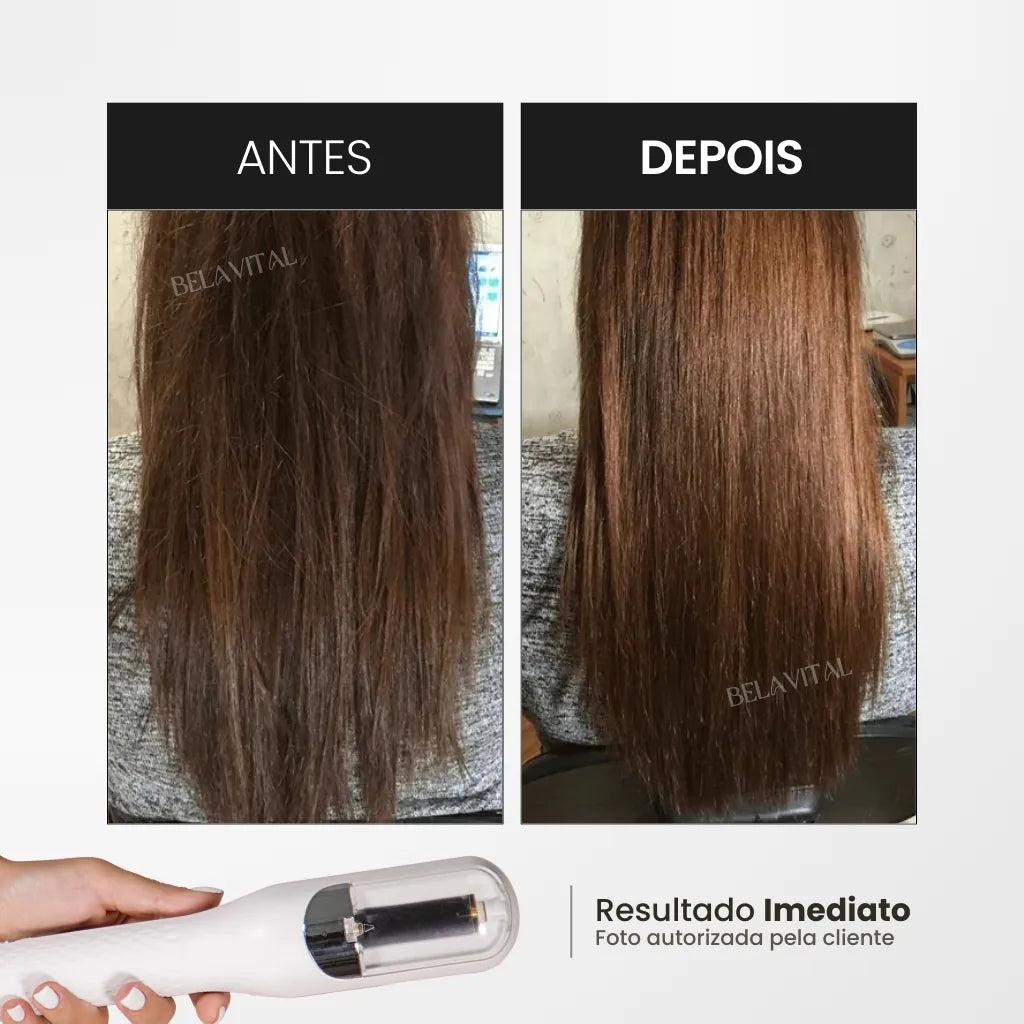 Imagem mostra os benefícios do uso da escova aparadoura de pontas TrimLux Hair. Resultado imediato e de salão no conforto de casa